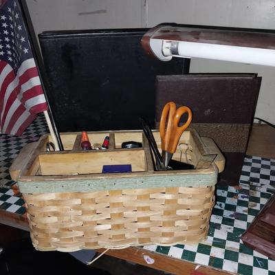 VINTAGE WOODEN DESK CHAIR-DESK LIGHT AND OFFICE SUPPLIES