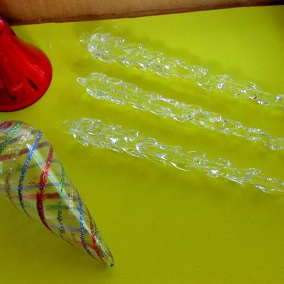 Lot 656:  Misc Christmas Ornaments, Glass Icicles, Plastic Bell