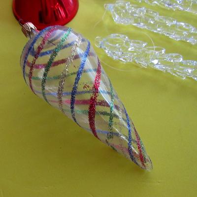 Lot 656:  Misc Christmas Ornaments, Glass Icicles, Plastic Bell