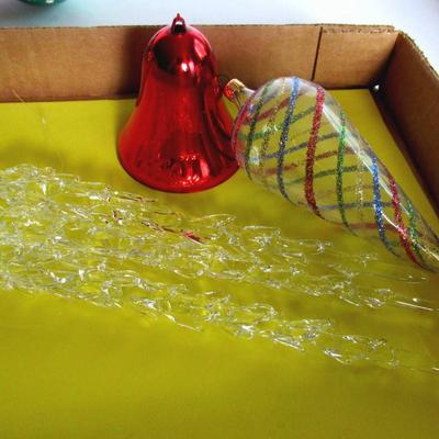 Lot 656:  Misc Christmas Ornaments, Glass Icicles, Plastic Bell