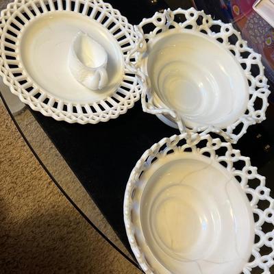 MILK GLASS bowls plate swan