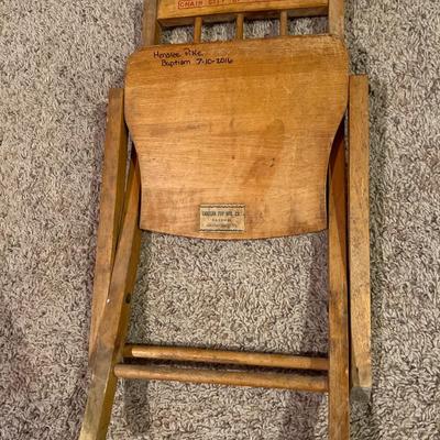 Small childâ€™s wooden folding chair vintage