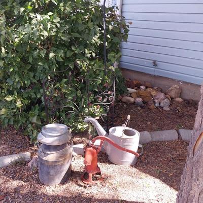 GALVANIZED MILK AND WATERING CAN, SMALL WATER PUMP AND MORE