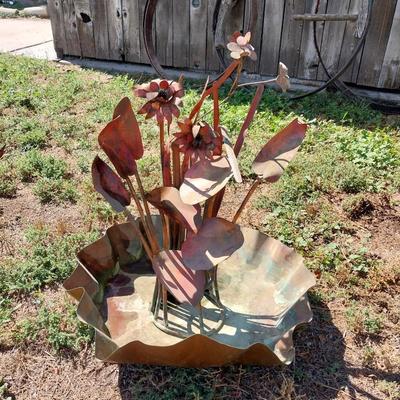 COPPER FLOWER FOUNTAIN, HOWLING COYOTES AND WICKER PLANT HOLDER