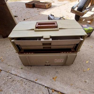MULTI LEVEL TRAY BOX FILLED WITH HARDWARE AND DRILL BITS