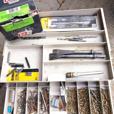 MULTI LEVEL TRAY BOX FILLED WITH HARDWARE AND DRILL BITS