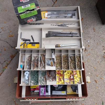 MULTI LEVEL TRAY BOX FILLED WITH HARDWARE AND DRILL BITS