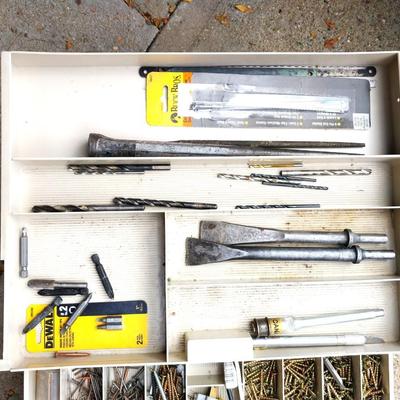 MULTI LEVEL TRAY BOX FILLED WITH HARDWARE AND DRILL BITS