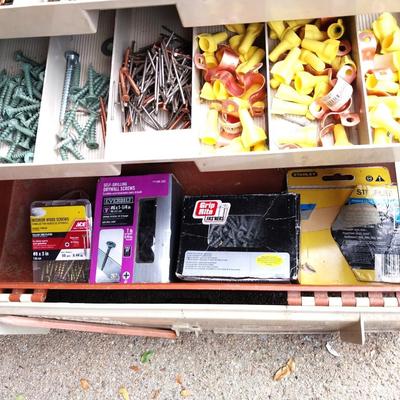 MULTI LEVEL TRAY BOX FILLED WITH HARDWARE AND DRILL BITS