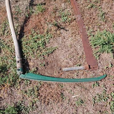 ANTIQUE 2 MAN SAW AND A LONG VINTAGE SCYTHE