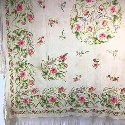 836 Antique Piano Shawl Embroidered Flowers Fringe