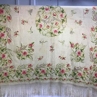836 Antique Piano Shawl Embroidered Flowers Fringe