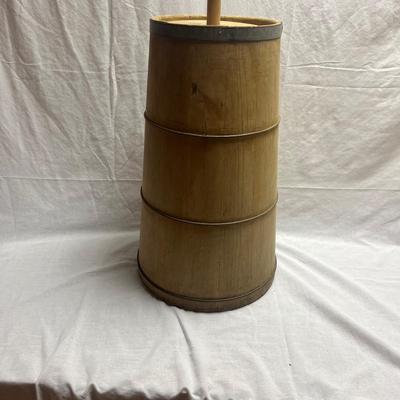 Antique Primitive Large Old Banded Wood Slat Butter Milk Churn With Dasher & Lid (BO-MG)