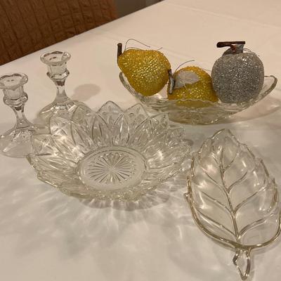 Crystal dishes candle holders and fruit