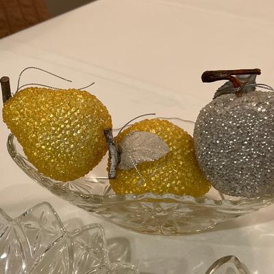 Crystal dishes candle holders and fruit