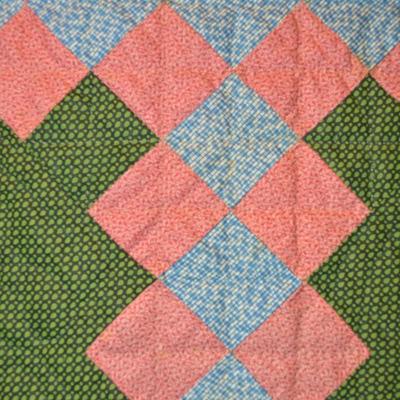 Large Hand Quilted Vintage Pink & Green Triple Irish Chain Quilt 96"x96"