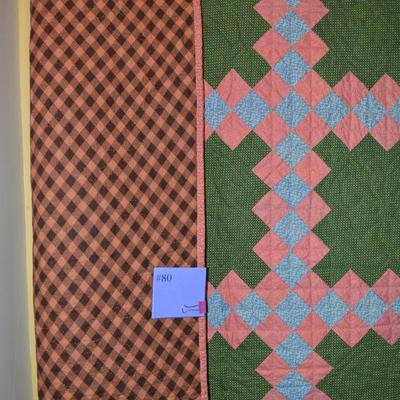 Large Hand Quilted Vintage Pink & Green Triple Irish Chain Quilt 96"x96"