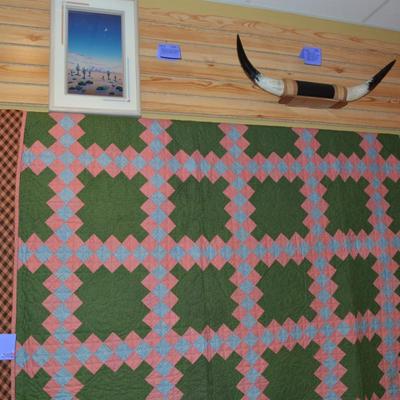 Large Hand Quilted Vintage Pink & Green Triple Irish Chain Quilt 96"x96"