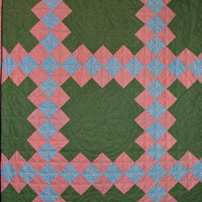 Large Hand Quilted Vintage Pink & Green Triple Irish Chain Quilt 96"x96"