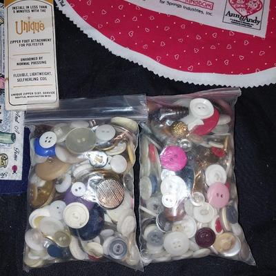 SEWING SQUARES-BUTTONS=MATERIAL=ROLL OF IRON ADHESIVE AND MORE