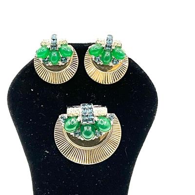807 Vintage Boucher Costume Earrings & Dress Clip with Green Cabochon