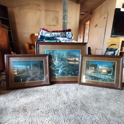 THREE FRAMED & SIGNED CABIN HOME PICTURES