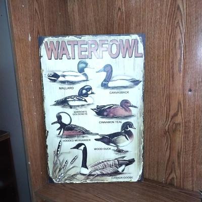 WATERFOWL SIGN AND TWO TAXEDERMY BIRDS