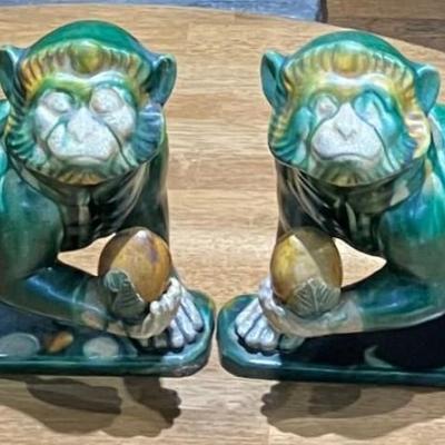 Two Green Ceramic Monkeys