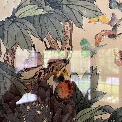 LARGE CHINESE PAINTING ON SILK, PEONIES AND BUTTERFLIES