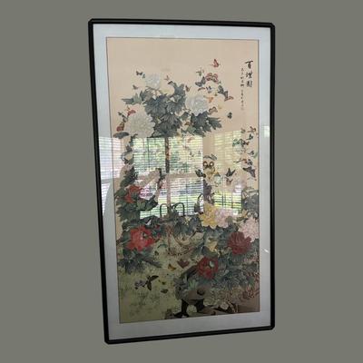 LARGE CHINESE PAINTING ON SILK, PEONIES AND BUTTERFLIES