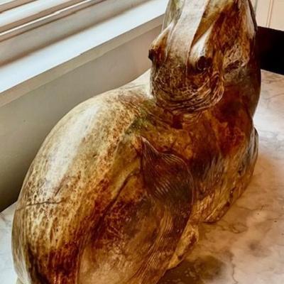 Large Carved Horse Sculpture With Wooden Base