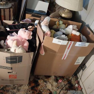 OLD CHILD'S SCHOOL DESK, CHAIRS AND 2 LARGE BOXES OF PLUSH ANIMALS