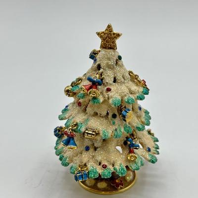 Vintage Rucinni Glitter Finish Enamel on Metal Holiday Christmas Tree Trinket Keepsake Jewelry Box