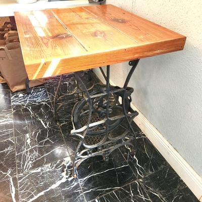 Lot #129  Cypress Top Table with Antique Sewing Machine Base