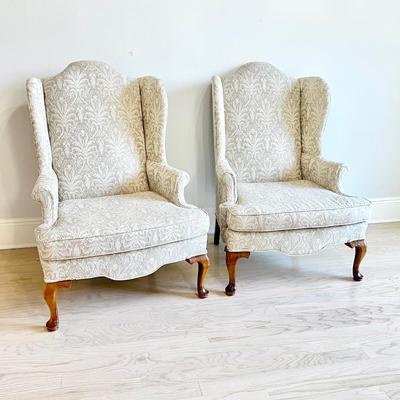 Pair (2) ~ Upholstered Queen Anne Wing Back Chairs ~ *Read Details