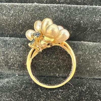 14 Karat Yellow Gold, Pearl, Diamond and Sapphire Ring