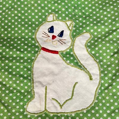Cute Vintage White Cat Kitty Kitten Applique on Polka Dot Pillowcase