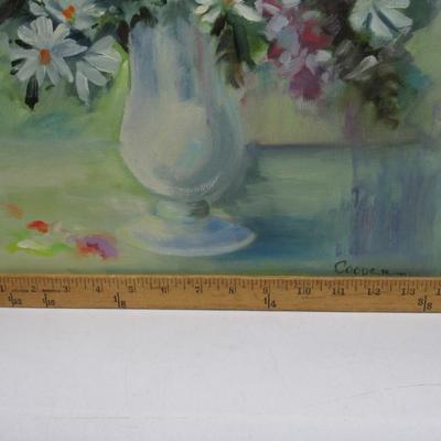 Vintage 1984 Oil Painting on Stretched Canvas Daisy Hibiscus Flower Bouquet Still Life