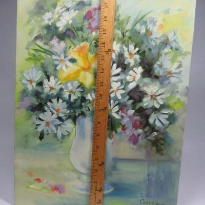 Vintage 1984 Oil Painting on Stretched Canvas Daisy Hibiscus Flower Bouquet Still Life