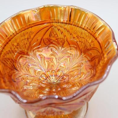 Vintage Brockwitz Carnival Marigold Orange Glass Curved Star Zurich Pattern Mid Century Open Lid Compote