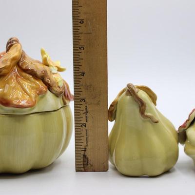 Fitz and Floyd Handcrafted Ceramic Pumpkin Squash Set Sugar Spice Bowl with Salt & Pepper Shakers