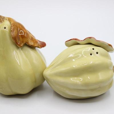 Fitz and Floyd Handcrafted Ceramic Pumpkin Squash Set Sugar Spice Bowl with Salt & Pepper Shakers