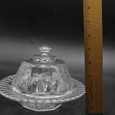 Vintage Clear Glass Grapes Motif Design Round Dome Covered Butter Serving Dish