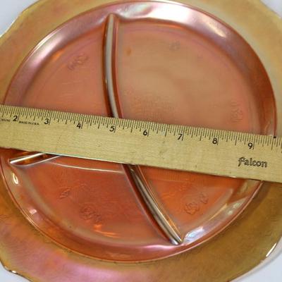 Vintage Federal Normandie Pattern Orange Iridescent Glass Divided Dish Set of 8 Dinnerware Plates