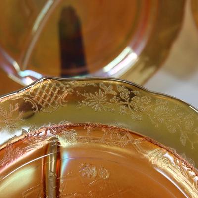 Vintage Federal Normandie Pattern Orange Iridescent Glass Divided Dish Set of 8 Dinnerware Plates