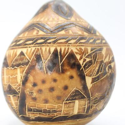 Vintage Hand Carved & Etched Foreign Souvenir Gourd Hollow Vessel Alpaca Mountains Village Motif