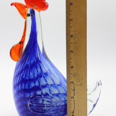 Vibrant Murano Style Hand Blown Art Glass Blue & Orange Farm Rooster