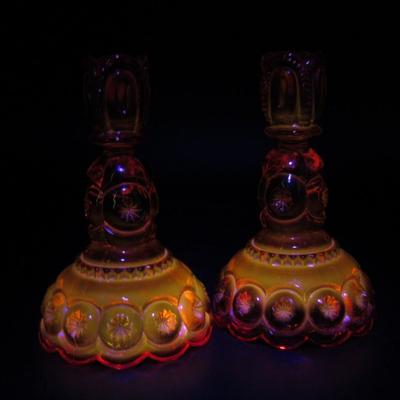 Vintage Pair of L.E. Smith Moon & Stars Amberina Glass Mid Century Candlestick Holders