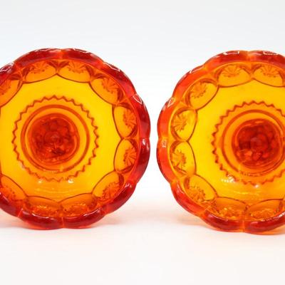 Vintage Pair of L.E. Smith Moon & Stars Amberina Glass Mid Century Candlestick Holders