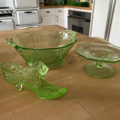 Loads of green Depression glass, uranium glass, all vintage and antique